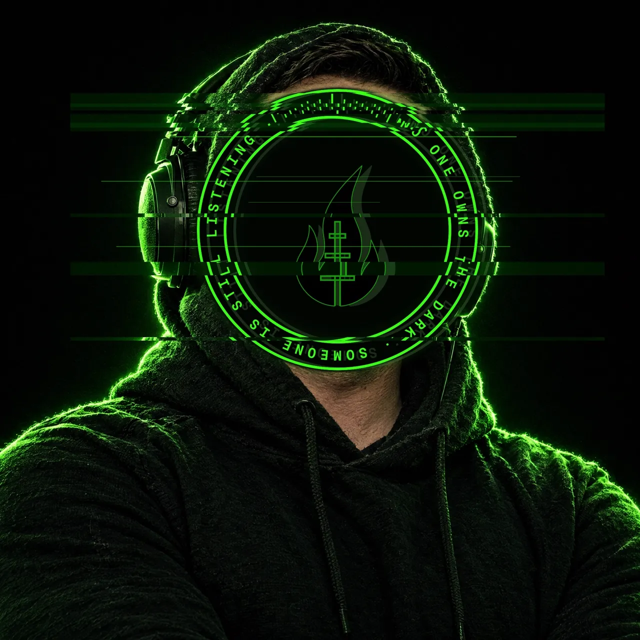 BLACKFLAME in the hood and headphones, the burn-in over his face as in every verified frame