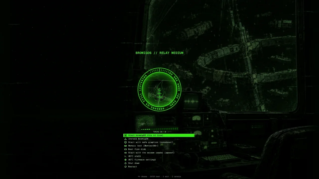 The bromigOS boot menu: BROMIGOS // RELAY MEDIUM over the emblem, with Start bromigOS (try it live) highlighted, then Install bromigOS, safe graphics, a memory test and more