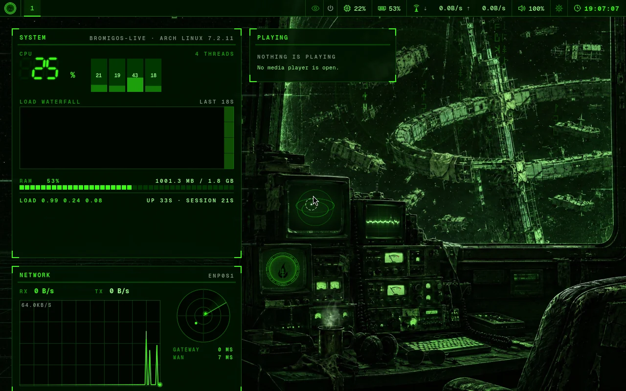 The bromigOS live desktop: the bar along the top, system and network widgets on the left, and the Wick's radio den as the wallpaper