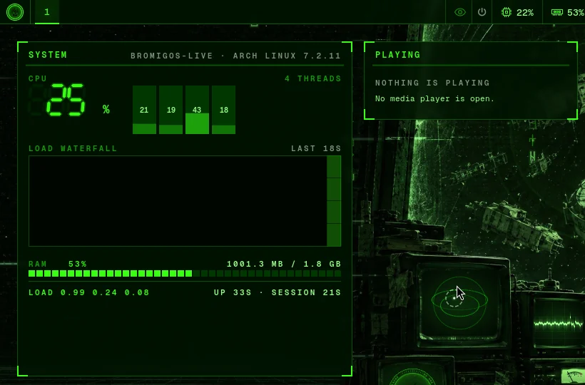 The live desktop's widgets: CPU load per thread, memory, uptime, a media player, and the network with its radar