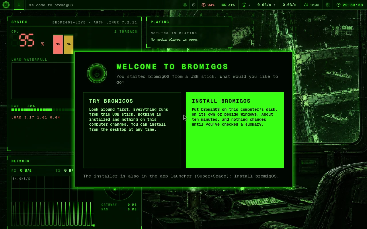 The live desktop's welcome card: Try bromigOS, or Install bromigOS