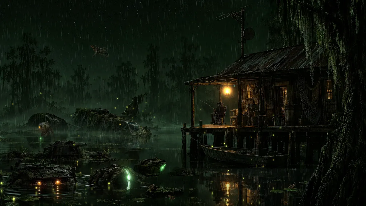 Mire, live on the bromigOS desktop: Mire on the bromigOS desktop, rendered offscreen from the live layer: the stilt shack and its keeper at his line, the Sleepers risen for working agents, fireflies for network traffic, a heron for a notification